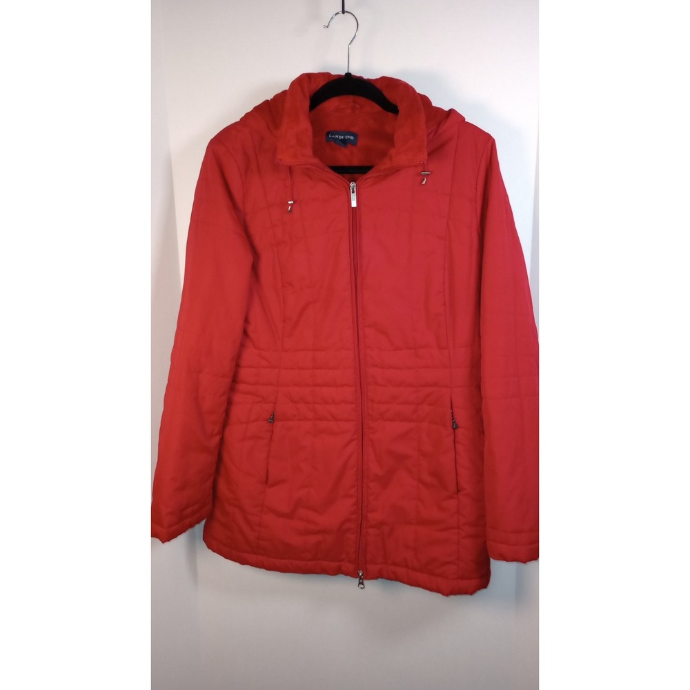 Lands End Womens Red Puffer Jacket Removable Hood Size Medium 10-12
